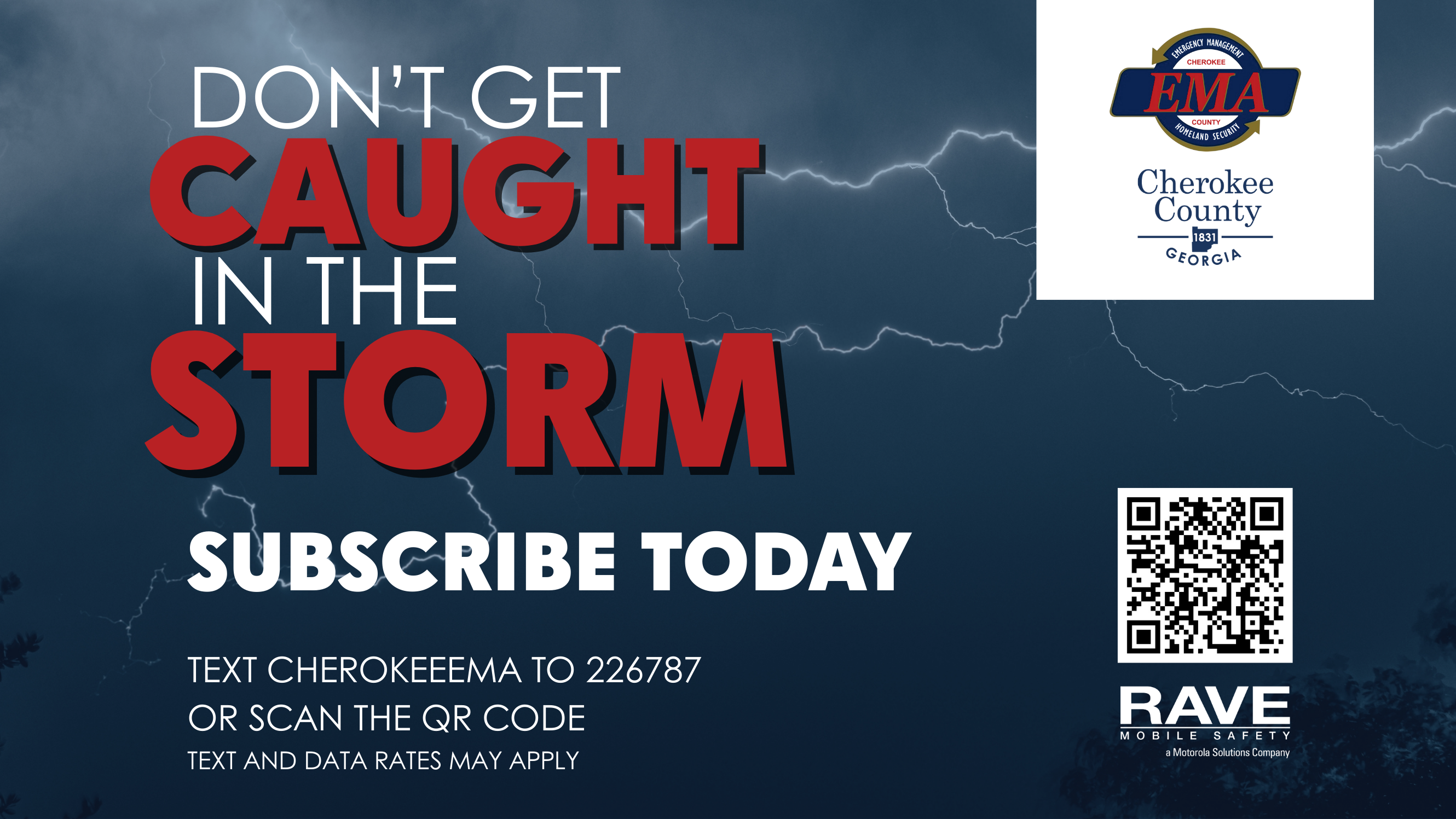 background of lightning, EMA and Cherokee County logos, QR code to Rave sign up form